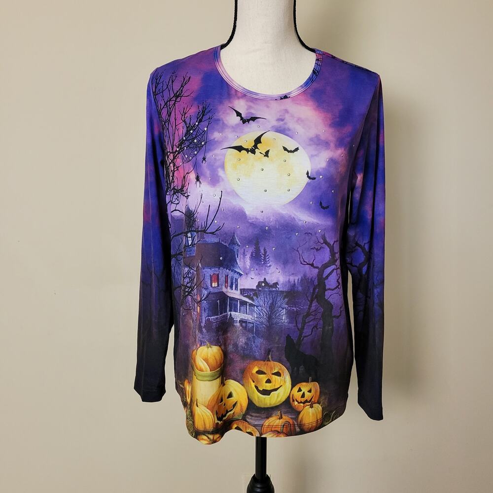 Gloria Vanderbilt Casuals Sm. Halloween Long Sleeve Pumpkins Bats Top